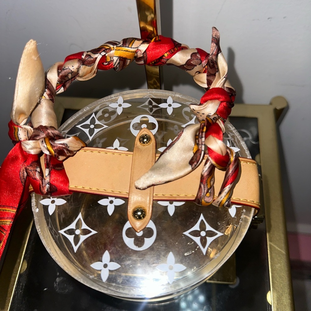 Louis Vuitton Clear Monogram Round Box Bag with Red and Tan Scarf Handle - Picture 8 of 8